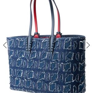 New Christian Louboutin Cabata Blue Denim Tote Bag with Red Leather Accents